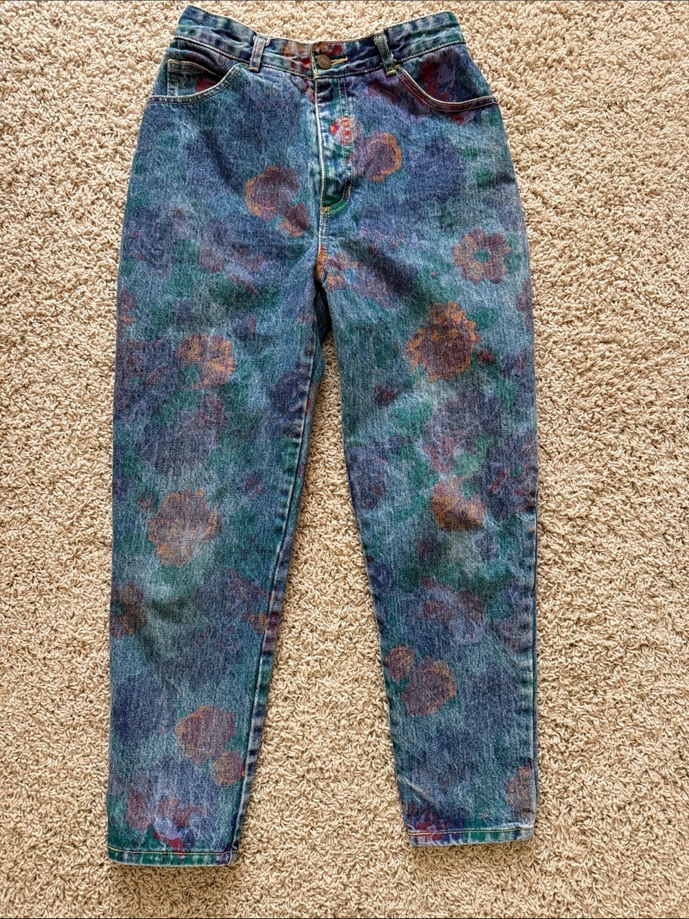Vtg Bongo Jeans Size 9 High Waisted Black Floral Painted Denim
